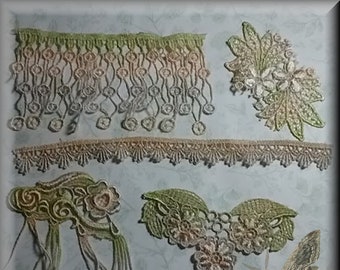 Hand Dyed Lace Selection Appliques Mixed - Tan/Green Blues - Crazy Quilting Supplies, Crafts, Sewing, Embellishing.