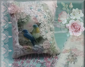 Handmade Gift for Mum Lace Fabric Art Lace Door Pillow Bookmark Set Textile Art  Unique Aesthete Gift for Her White Pink Blue Bluebirds