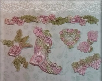 Hand Dyed Lace Selection Appliques Mixed , Pinks  - Crazy Quilting Supplies, Crafts, Sewing, Embellishing.