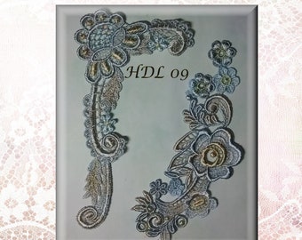 Hand Dyed Lace Applique,  Blue, Brass Tones -   Crazy Quilting Supplies, Crafts, Sewing, Embellishing.