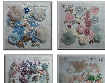 Fabric Embellishment Packs - Blue/ Ecru,  Blue /Pink/ Cream,  Blue/ Purple / Brass,  Peach, Cream, Green.