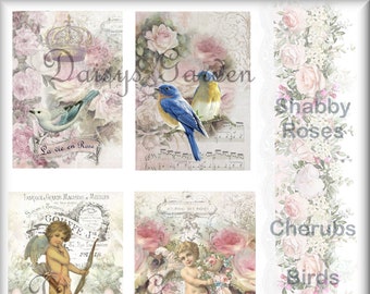 Fabric Art Image Soft Satin Collage Print Textile Arts Journaling Crazy Quilting Sewing Inspiration Shabby Chic Pink Cherubs and Birds