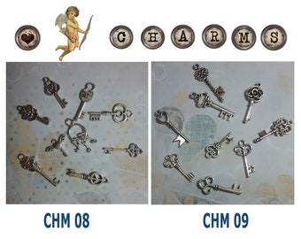 Charms, Silver, Keys, Set 9, Crafts Sewing Embellishing Crazy Quilting, Mixed Media