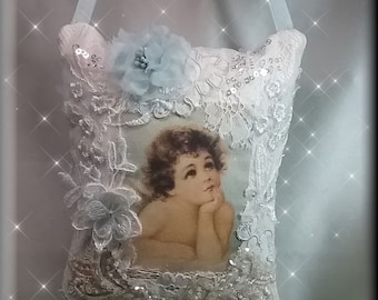 Handmade Gift for Mum Lace Fabric Art Lace Door Pillow Textile Art Unique Gift for the Aesthete  Champagne Gold Powder Blues Vintage Angel