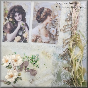 May include: A craft supply collection featuring two vintage-style portraits of women, white lace fabric, green and white seed beads, pale green ribbon, and a string of clear crystal-like teardrop beads with the text Inspiration Timeless Beauty.