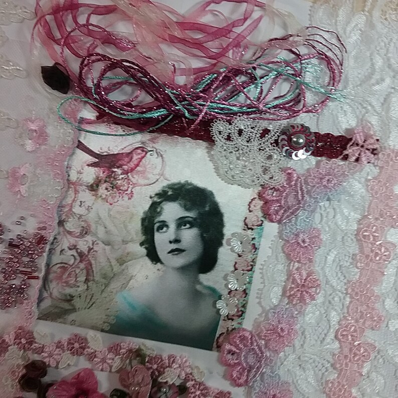 Blue Theme Quilting. Textile Art Burgundy Lace and Roses Crazy Quilting Supplies