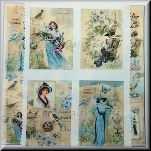 French Blue Fashion Fabric Pack: Vintage Collage Art on Soft Cotton
