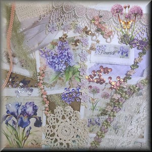 Peut inclure: Une collection de fournitures de loisirs créatifs comprenant des papiers à motifs floraux avec des illustrations de lilas et d'iris, de la dentelle blanche, des sequins roses et violets, une étiquette en tissu Flourish et des rubans fleuris.