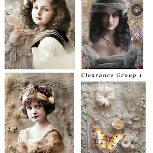 Może przedstawiać: Kolaż czterech portretów w stylu vintage. U góry po lewej dziewczynka w stroju marynarza. U góry po prawej kobieta z welonem. Na dole po lewej dziewczynka w sukience. Na dole po prawej motyl i kwiaty. Tekst brzmi "Clearance Group 1".