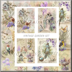 May include: A collage of vintage garden images featuring birds, butterflies, flowers, and birdhouses. The images are in a distressed, faded style with a vintage aesthetic. The text "Vintage Garden Set" is at the top of the collage.