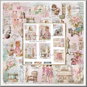 May include: A digital collage sheet titled Shabby Sewing Set featuring vintage-style illustrations of sewing machines, dress forms, floral patterns, and figures in pink and muted tones. The collection includes various paper craft elements.