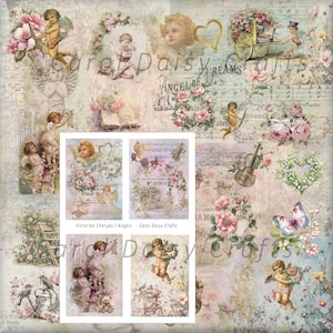 Pode incluir: Uma colagem de imagens em estilo vintage com querubins, rosas, borboletas e notas musicais. A paleta de cores é suave, com rosas pastel, azuis e cremes. O texto "Carol Daisy Crafts" e "Victorian Cherubs/Angels" é visível.