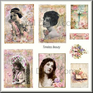 Vintage Edwardian Women Fabric Panel: Shabby Chic Cotton Collage (31cm x 12.5 Inches)