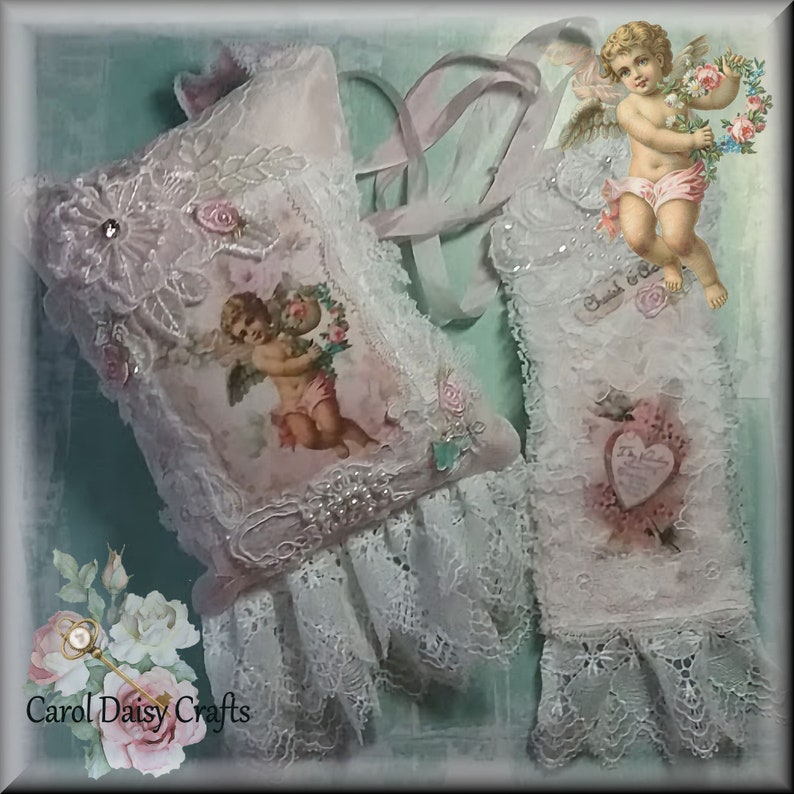 Handmade Gift for Mum Lace Fabric Art Lace Door Pillow Tag Set Handmade Textile Art Unique Gift Aesthetet for Her Pink White Blue Cherub image 1