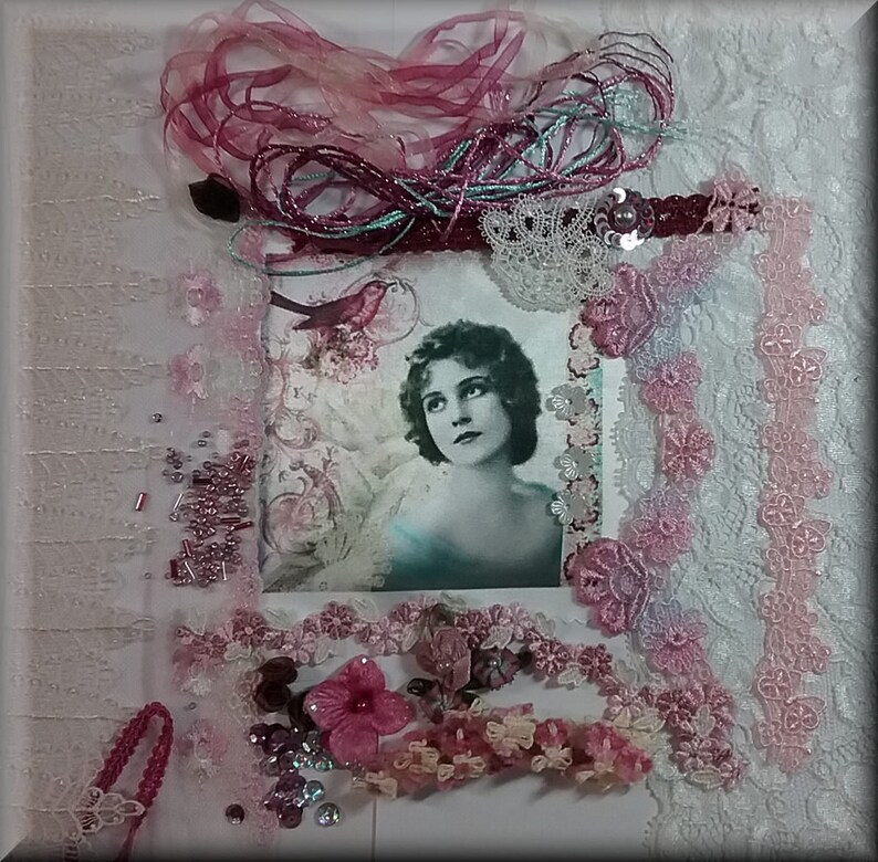 Blue Theme Quilting. Textile Art Burgundy Lace and Roses Crazy Quilting Supplies