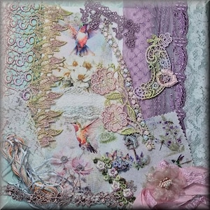 Inspirationspaket för textilkonst Kolibrier Mauverosa Vit Journalföring Sömnad Broderi Galen quiltning Långsam sömnad