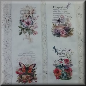 May include: A collage of four images featuring butterflies and dragonflies with floral accents and inspirational quotes. The quotes are "Dragonfly Signifies a path to new worlds. They are about transformation and a change in perspective, energy, potential. Choose your path and fly!" and "Let your DREAMS be your WING."
