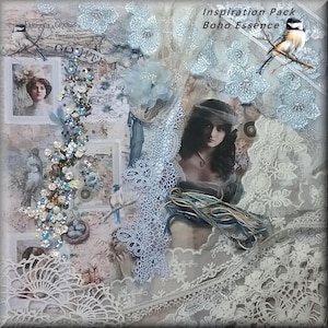Può includere: Un collage in stile vintage con pizzo, dettagli floreali e immagini di donne e uccelli. La tavolozza dei colori comprende blu tenui, bianchi e crema. Il testo "Inspiration Pack Boho Essence" è visibile.