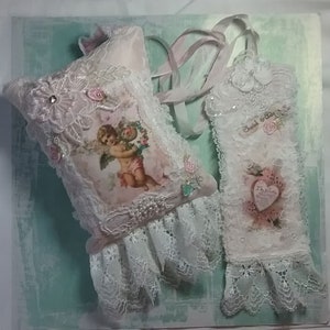 Handmade Gift for Mum Lace Fabric Art Lace Door Pillow Tag Set Handmade Textile Art Unique Gift Aesthetet for Her Pink White Blue Cherub image 3