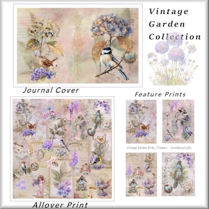 May include: A digital collage sheet titled Vintage Garden Collection featuring a journal cover, feature prints, and an allover print. The designs include illustrations of birds, flowers, butterflies, birdhouses, and people in soft pastel tones.