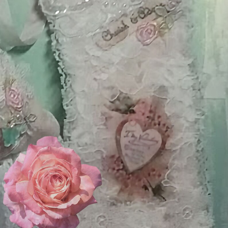 Handmade Gift for Mum Lace Fabric Art Lace Door Pillow Tag Set Handmade Textile Art Unique Gift Aesthetet for Her Pink White Blue Cherub image 5