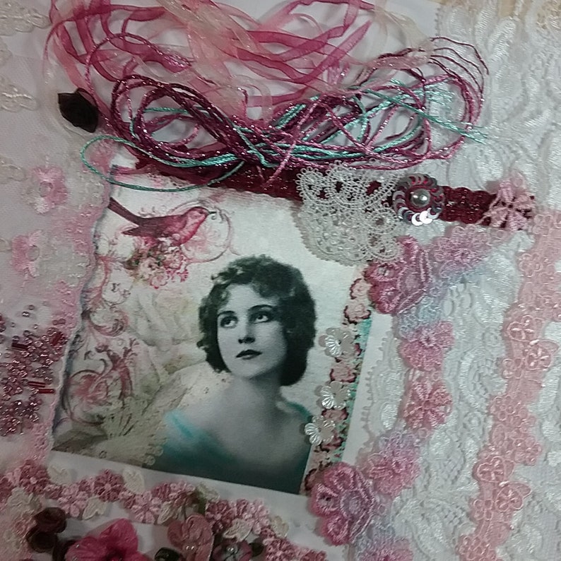 Blue Theme Quilting. Textile Art Burgundy Lace and Roses Crazy Quilting Supplies
