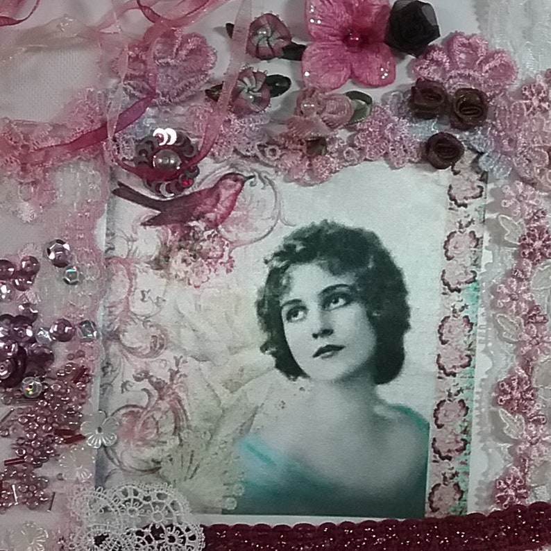 Blue Theme Quilting. Textile Art Burgundy Lace and Roses Crazy Quilting Supplies