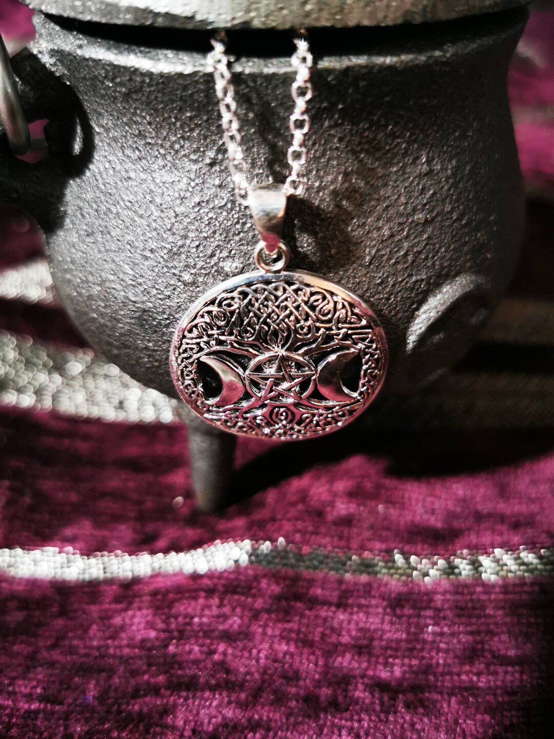 Sterling Silver Triple Moon Tree of Life With Pentagram Pendant ...