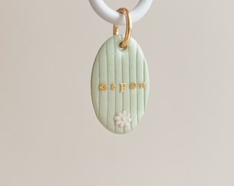 Sage Green Oval Pet ID Tag - ribbed, floral, dog tag