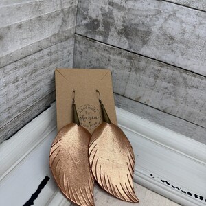 Handmade Rose Gold Leather Feather Earrings: Brass Jewelry