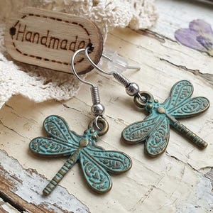 Minimalist Verdigris Patina Dragonfly Dangles | Tiny Boho Nature Brass Jewelry | Gift for Her