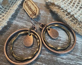 Minimalist Mixed Metal Layered Hoop Earrings, Boho Dangles, Rustic Style