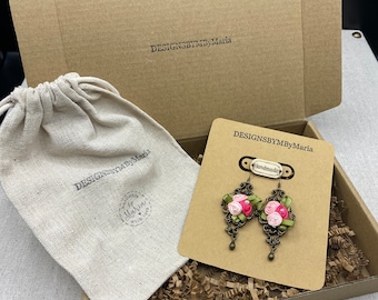 Mother’s Day Gift | Pink Ribbon Rose Bronze Filigree Earrings
