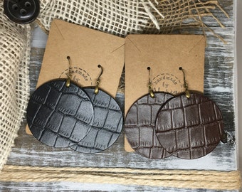 Round Brown or Black Crocodile Embossed Leather Earrings | Trendy Handmade Jewelry Gift for Her