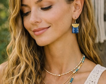 Upcycled Denim Dangle Earrings | Boho Chic Brass Accents, Blue Jean Jewelry