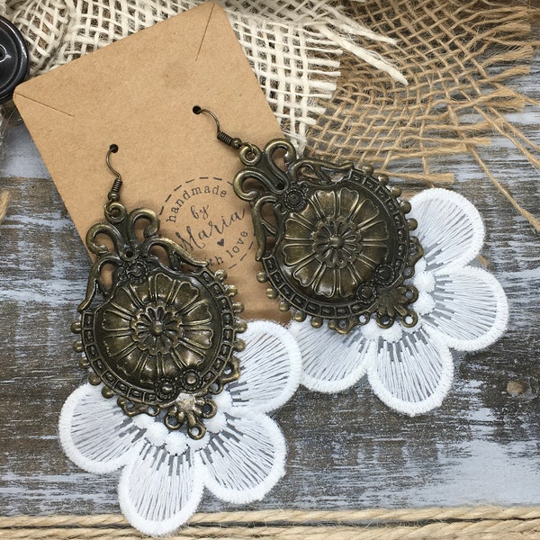 Vintage Style White Lace Flower Antiqued Bronze Filigree Earrings | Trendy Handmade Jewelry Gift for Her