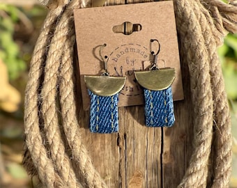 Upcycled Denim Dangle Earrings: Boho Chic Brass Accents, Handmade Blue Jean Jewelry