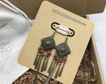 Mom Gift | Dainty Ornate Bayong Wood Bead Chandelier Earrings