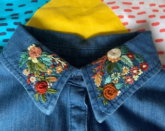 Denim shirt with embroidered collar