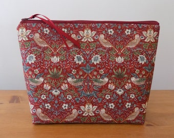 Birds & Floral Toiletries Bag, Large Make Up Case, Ornate Decorative Cotton Fabric, Red Cosmetics Wash Bag, Waterproof Lining, Ladies Gift