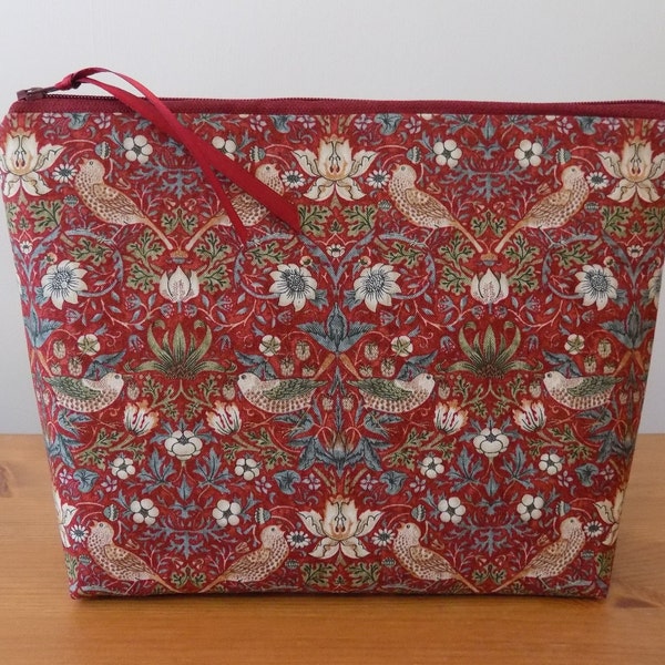 William Morris Toiletries Bag, Mini Strawberry Thief, Large Make Up Case, Floral Birds Cotton Fabric, Cosmetics Wash Bag, Waterproof Lining