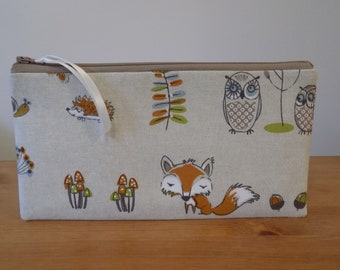 Woodland Fox Pencil Case, Animal Make Up Bag, Cosmetics Bag, Cotton Zipper Pouch, Storage Pouch, Lined Pouch, Kids Pencil Case, Animal Lover