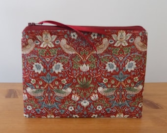 William Morris Storage Pouch, Strawberry Thief Make Up Bag Case, Small Cosmetics Purse, Red Floral Birds Cotton Fabric, Lined Zipper Pouch