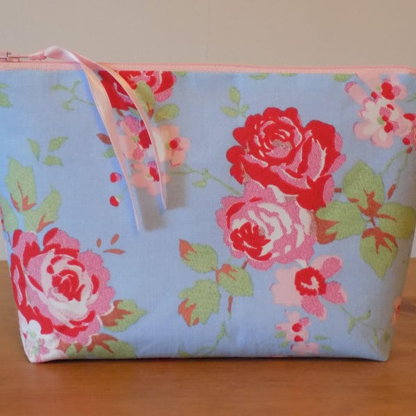 Cath Kidston Make Up Bag Case, Cotton ‘Rosali’ Blue Floral Fabric, Cosmetics Purse, Zipper Pouch,Lined, Vintage Style, Shabby Chic, Handmade