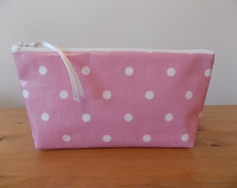 Pink & White Polka Dot Pencil Case, Make Up Bag, Cosmetics Purse, Oil Cloth Cotton Fabric, Zipper Storage Pouch, Ladies' Girls' Gift