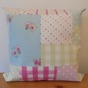 Federa per cuscino patchwork in stile vintage, motivo floreale con motivo a uovo d&#39;anatra, tela di cotone, blu, rosa, shabby chic, 16&quot;, con cerniera