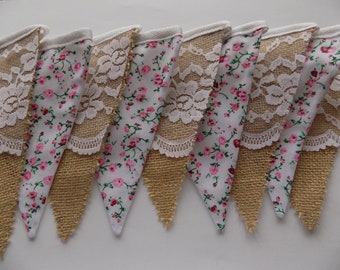 FABRIC HESSIAN HANDMADE VINTAGE BUNTING.WEDDINGS,COUNTRY FLORAL SHABBY CHIC, 