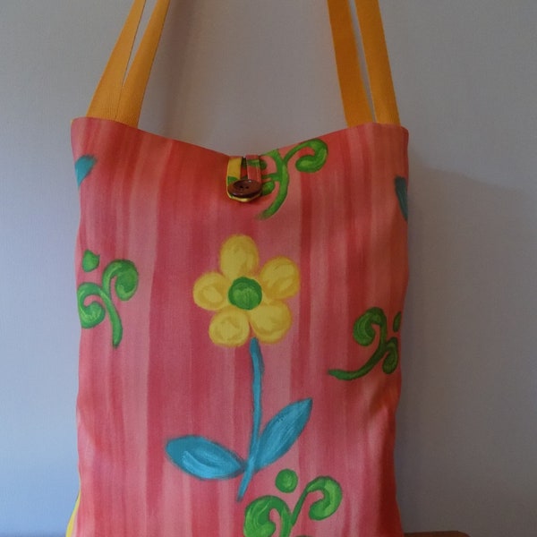 Sac de sac de coton de fleur orange, sac de plage de shopping d’épaule de tissu de concepteur, sac floral d’été de livre de marché de dames, doublé, fait main