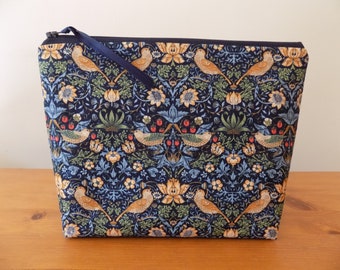 Birds & Floral Toiletries Bag, Large Make Up Case, Blue Cosmetics Wash Bag, Ornate Decorative Cotton Fabric, Waterproof Lining, Ladies Gift