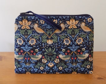 William Morris Storage Pouch, Strawberry Thief Make Up Bag Case, Blue Floral Birds Cotton Fabric, Small Cosmetics Purse, Lined Zipper Pouch